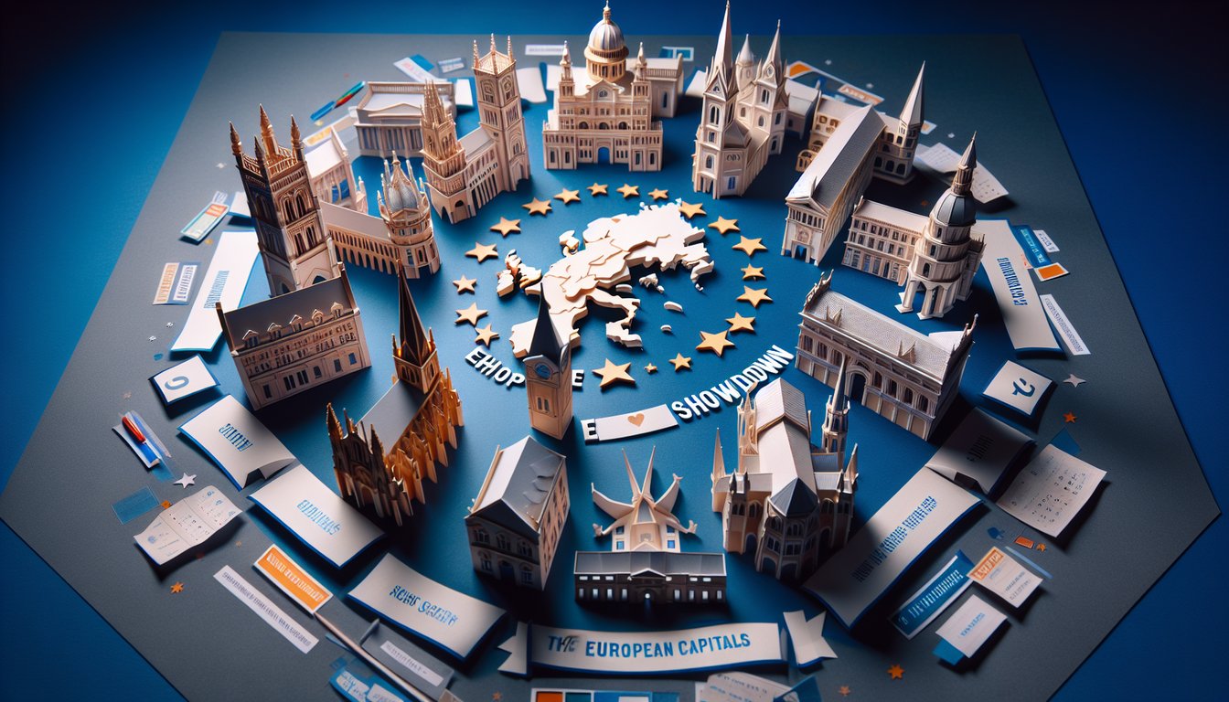 Paper art depicting a trivia quiz about identifying European capitals for high school students.