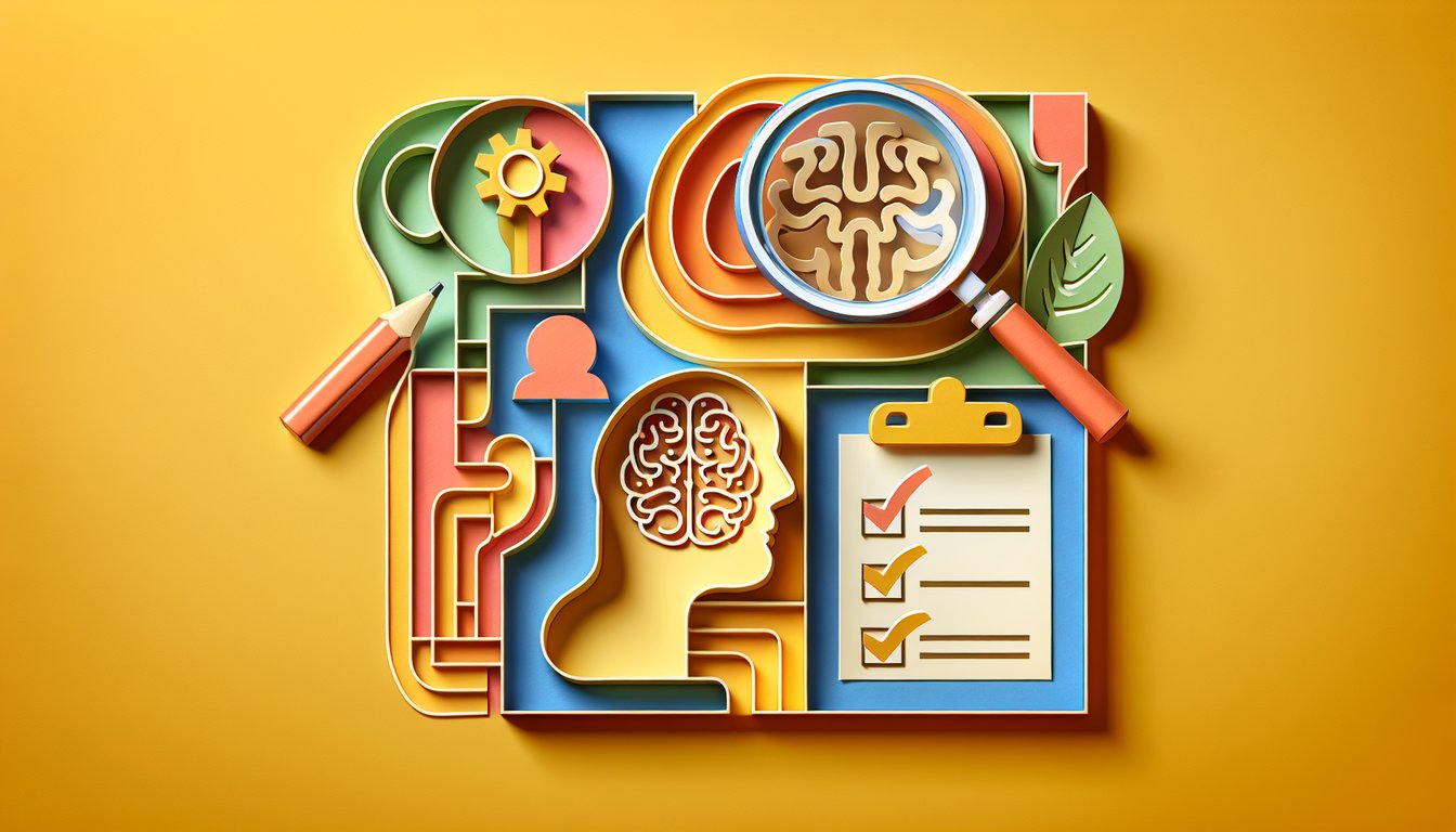Paper art illustration of person puzzle pieces and quiz text on golden yellow background testing Aspergers traits and signs