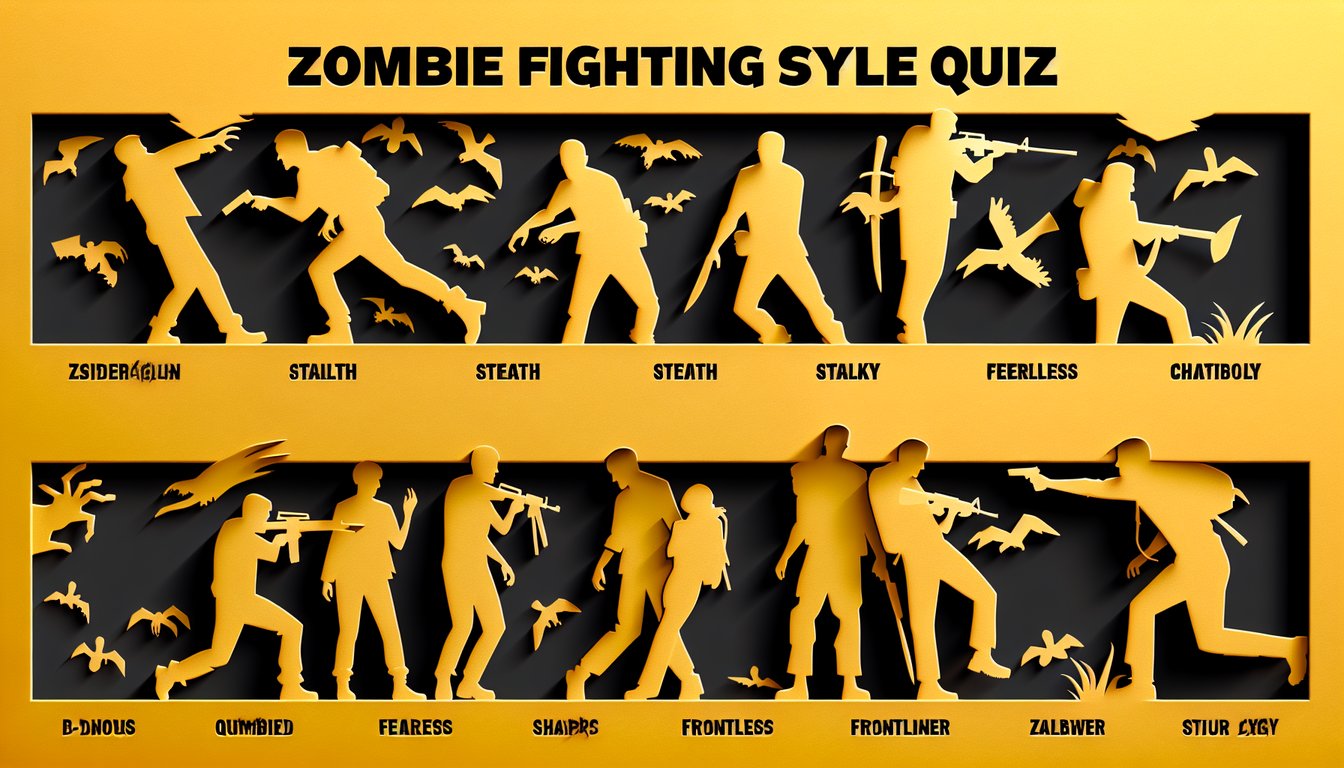 Paper zombie cutout and weapon icons on golden yellow background hinting at stealth stalker or fearless frontliner quiz