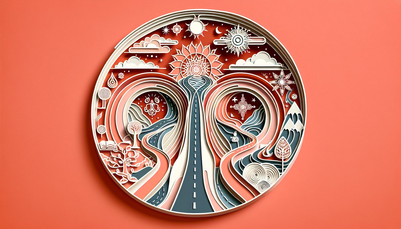 Paper art quiz illustration on discovering suitable religion on a coral background