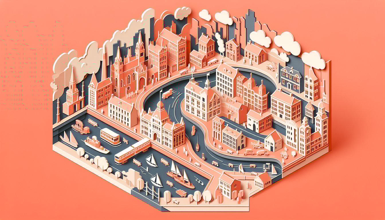 paper art collage of steam engine factory chimneys city skyline migrating crowds and quiz icons on coral background