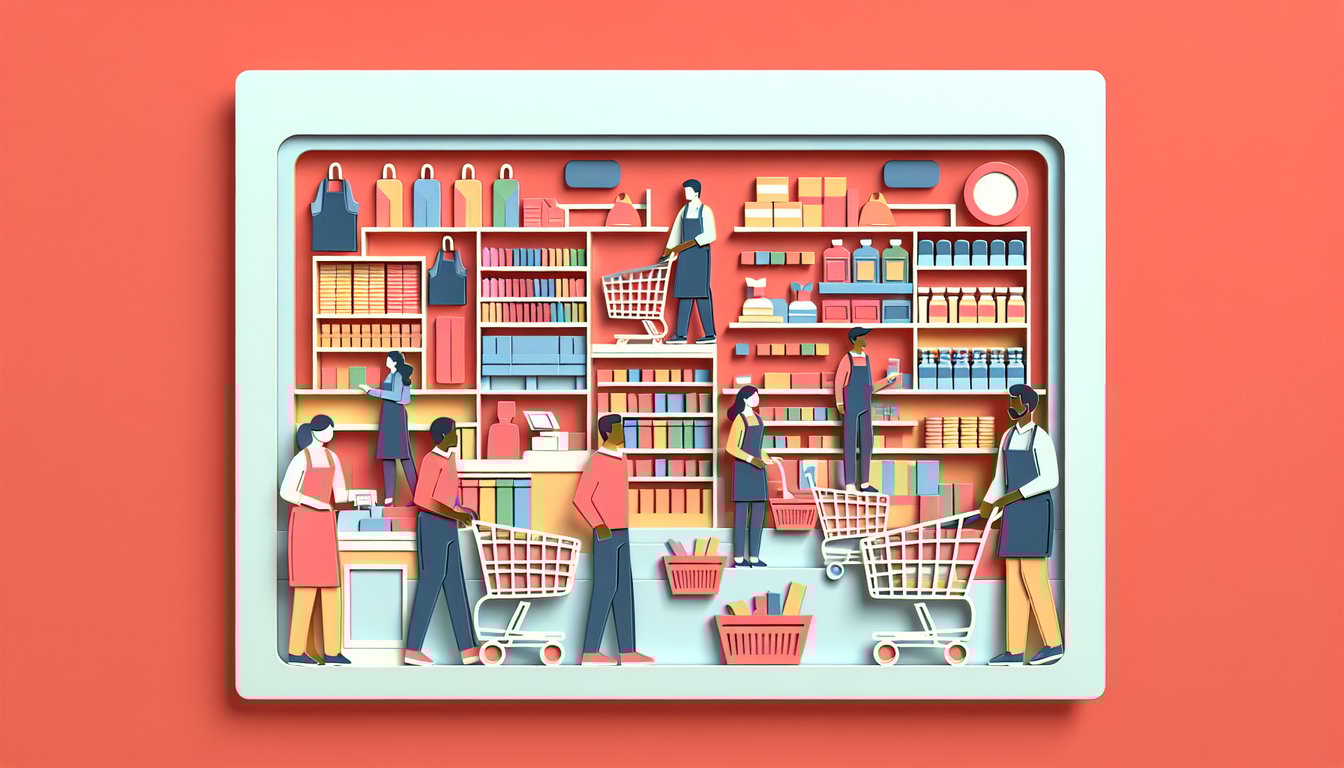 Paper art illustration of shopping cart store shelves and quiz title on coral background for Superstore trivia challenge