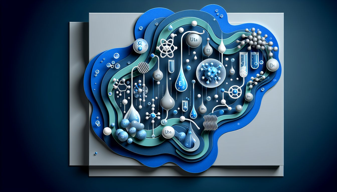 Paper art style cell icons fluid droplets electrolyte symbols and balance gauge with quiz title on dark blue background
