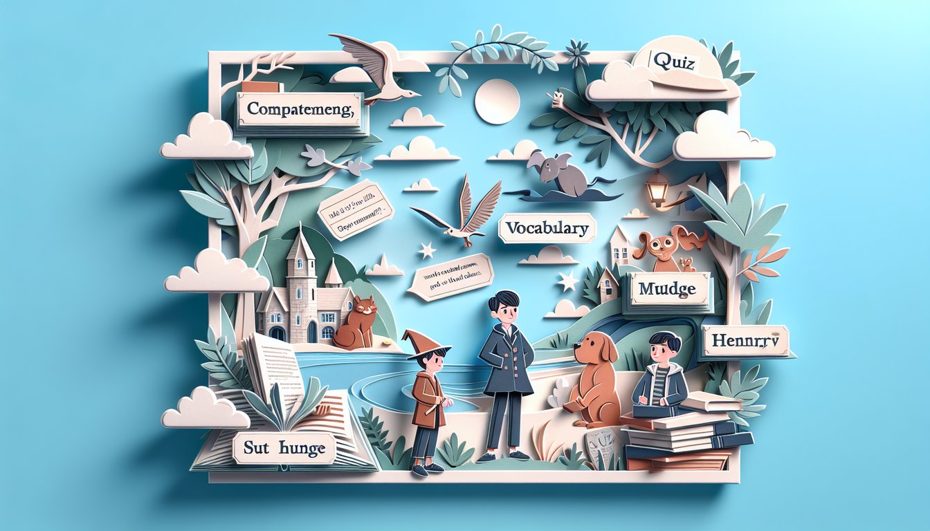 Paper art Henry and Mudge with free quiz for chapters 1 to 4 testing comprehension, vocabulary, character insights on sky blue