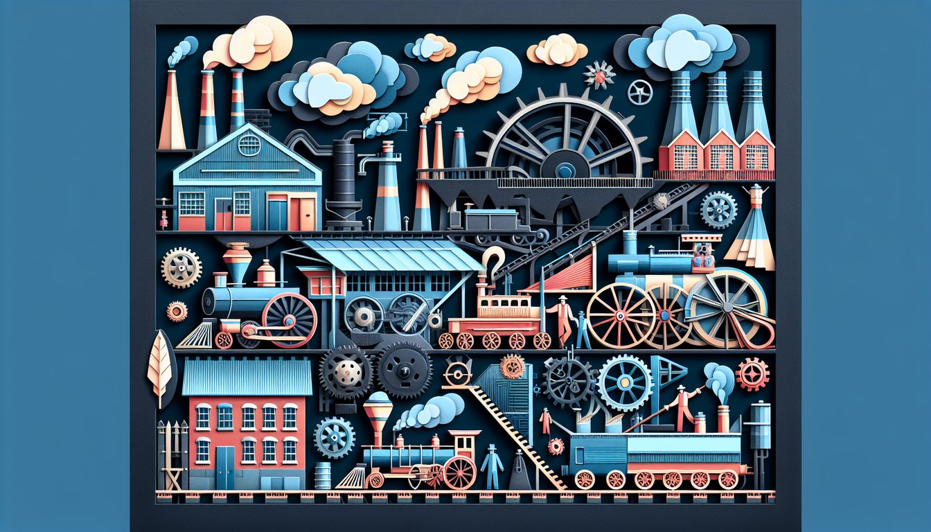 Paper art promoting Industrial Revolution Blitz trivia quiz for high school history students.