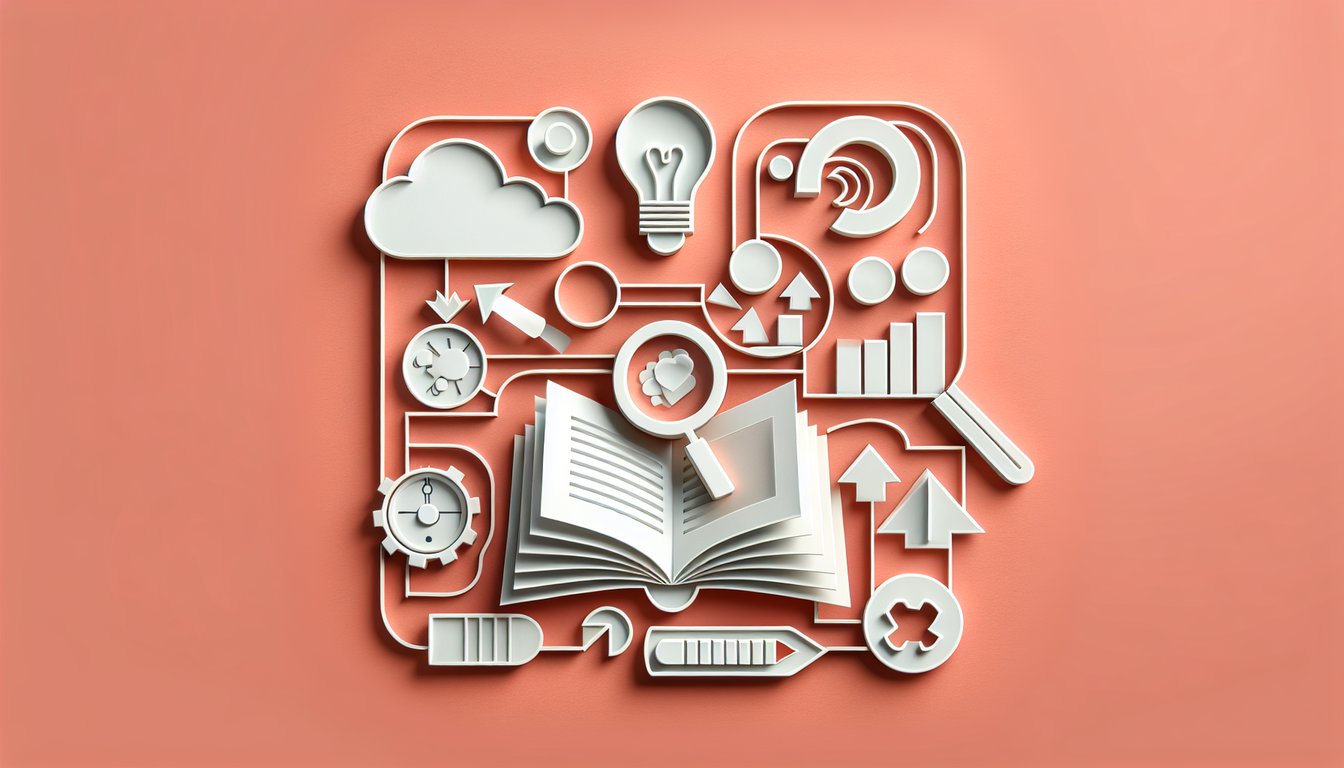 Paper art quiz illustration on a coral background testing understanding of factual, inferential, evaluative questions.