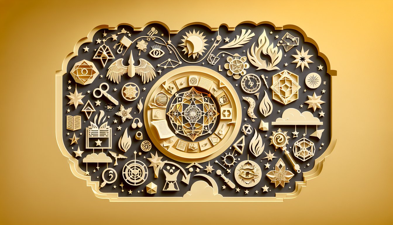 Paper art illustration on yellow background with floating orb telekinesis hand elemental magic symbols around quiz banner