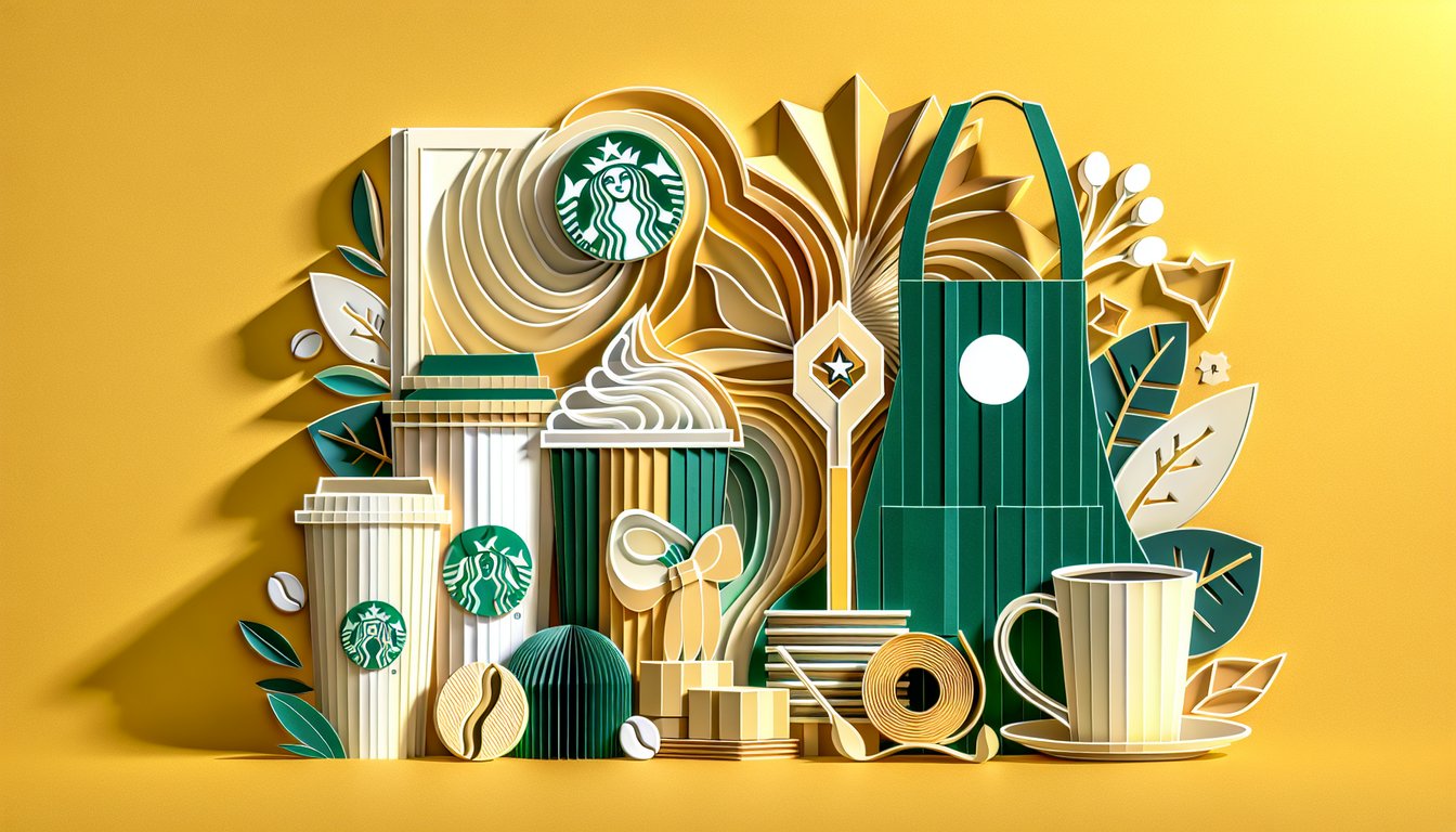 Paper art Starbucks coffee cup quiz prompt on golden yellow background with coffee beans and menu icons