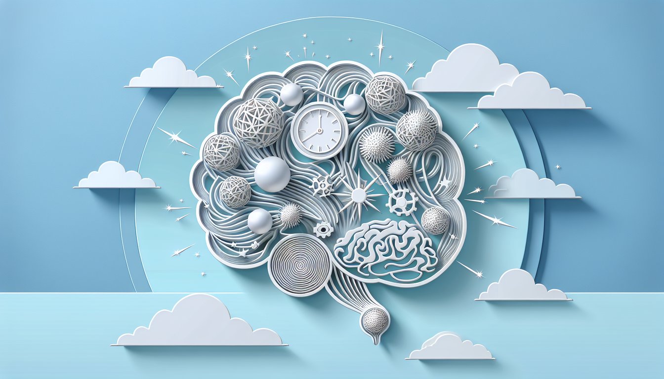 Paper art scene with cutout brain question marks and stress icons on sky blue background inviting stress trigger quiz.
