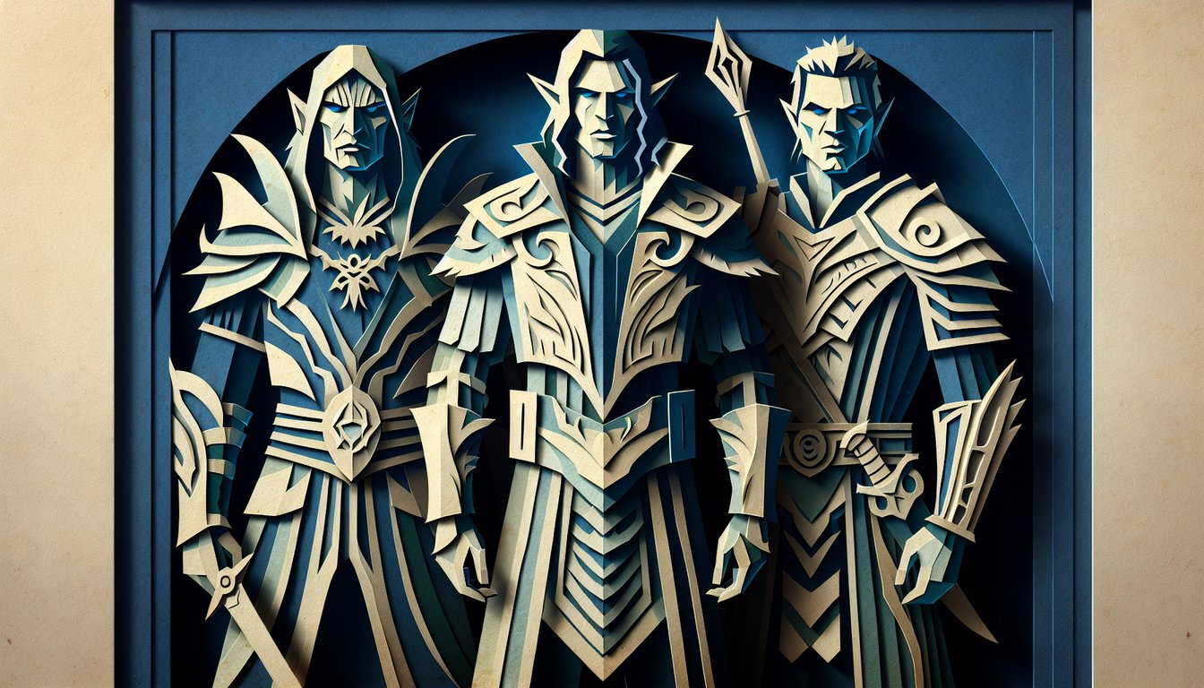 Paper art illustration for Elder Scrolls race quiz featuring Khajiit, Orc, Altmer on dark blue background