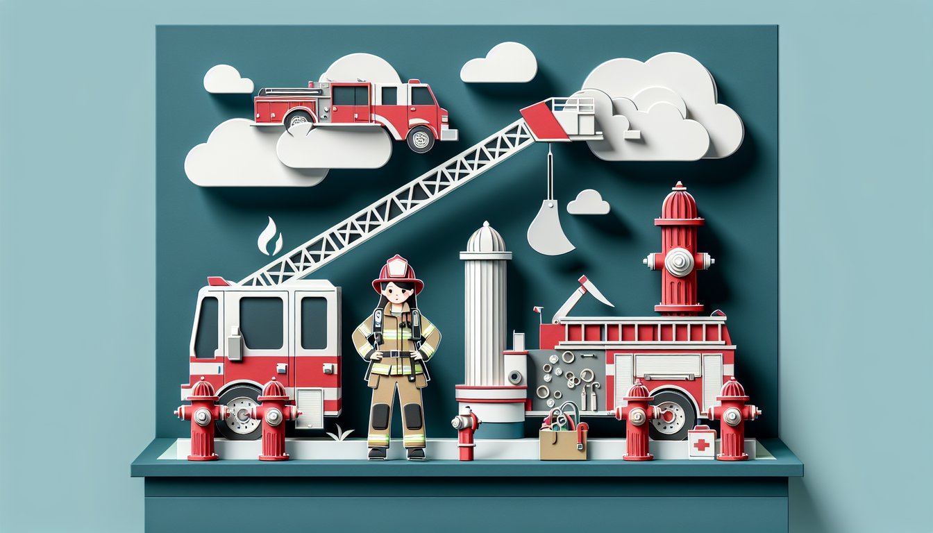 Paper cut style firefighter icons helmet firetruck axe hydrant flames with quiz text on teal background