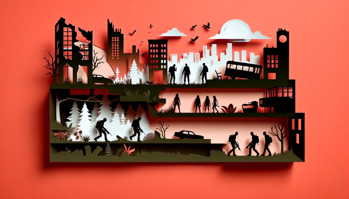 Paper art illustration for zombie apocalypse survival quiz on a coral background