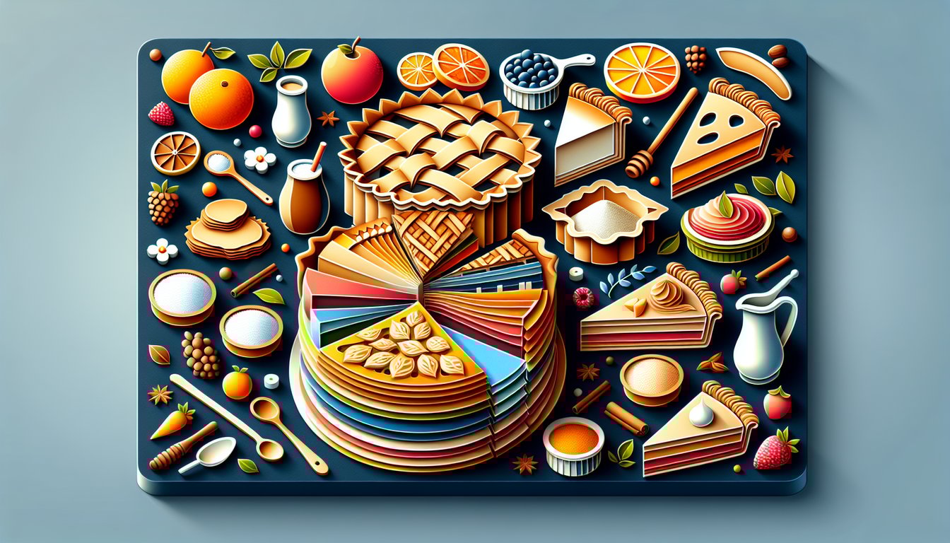 Paper art style illustration with colorful pie slices over baking utensils and question marks on dark blue background