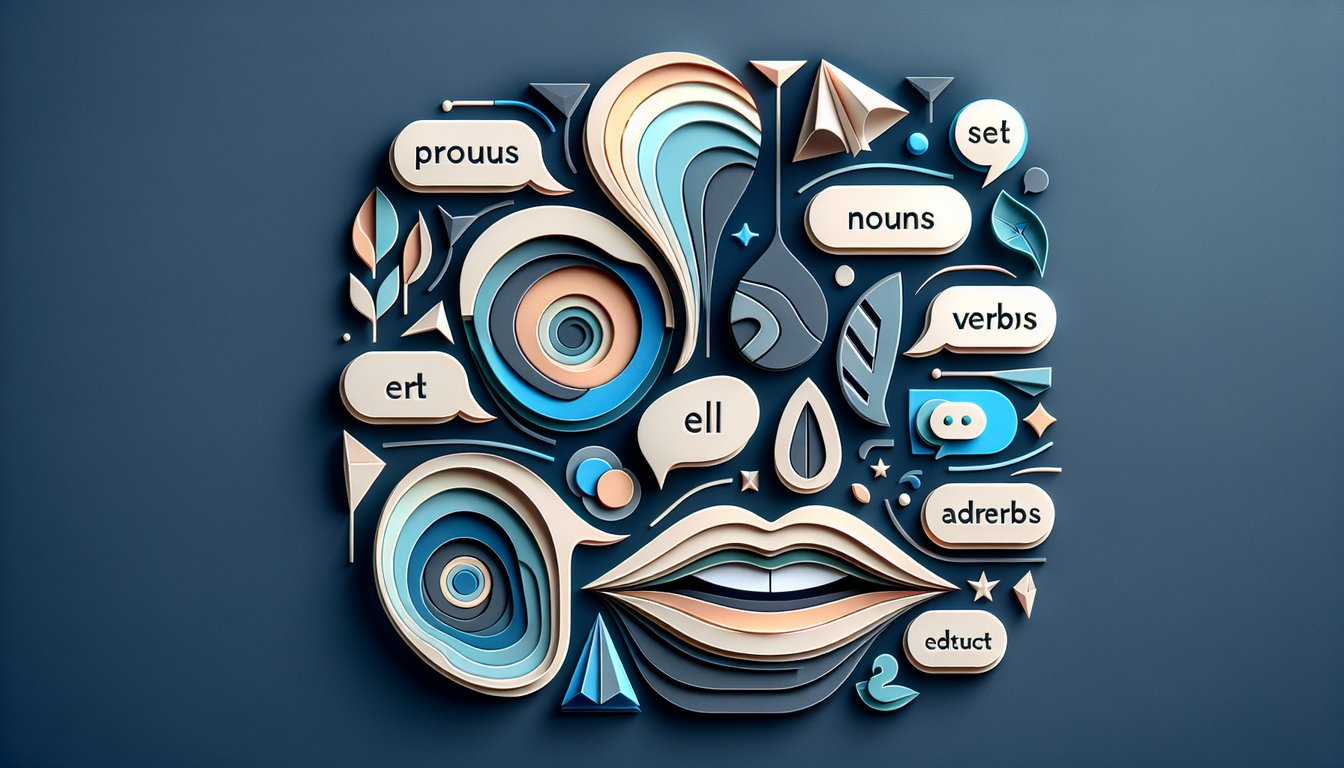 Paper art letters and word shapes framing parts of speech quiz title on a dark blue background
