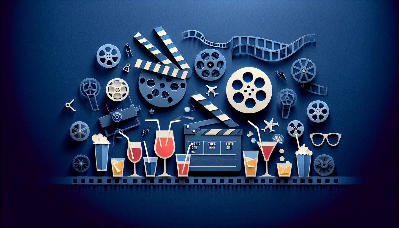 Colorful paper art featuring elements related to Movie Drink Trivia Quiz.