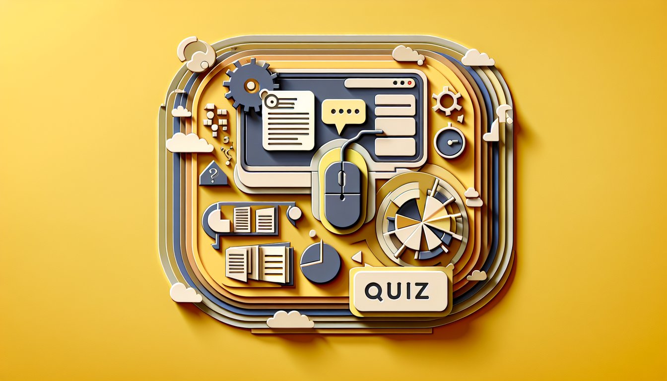 Paper art illustration of quiz icons and playful letters spelling fun online quizzes on golden yellow background.