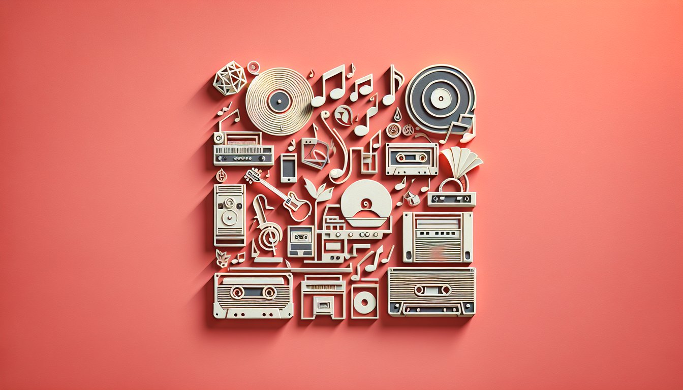 Paper art of vinyl record cassette headphones musical notes and Guess the 80s Song quiz title on coral background