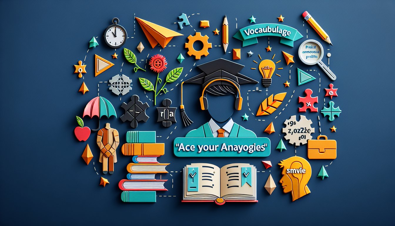 Colorful paper art promoting Ace Your Analogies trivia quiz for enhancing vocabulary skills.