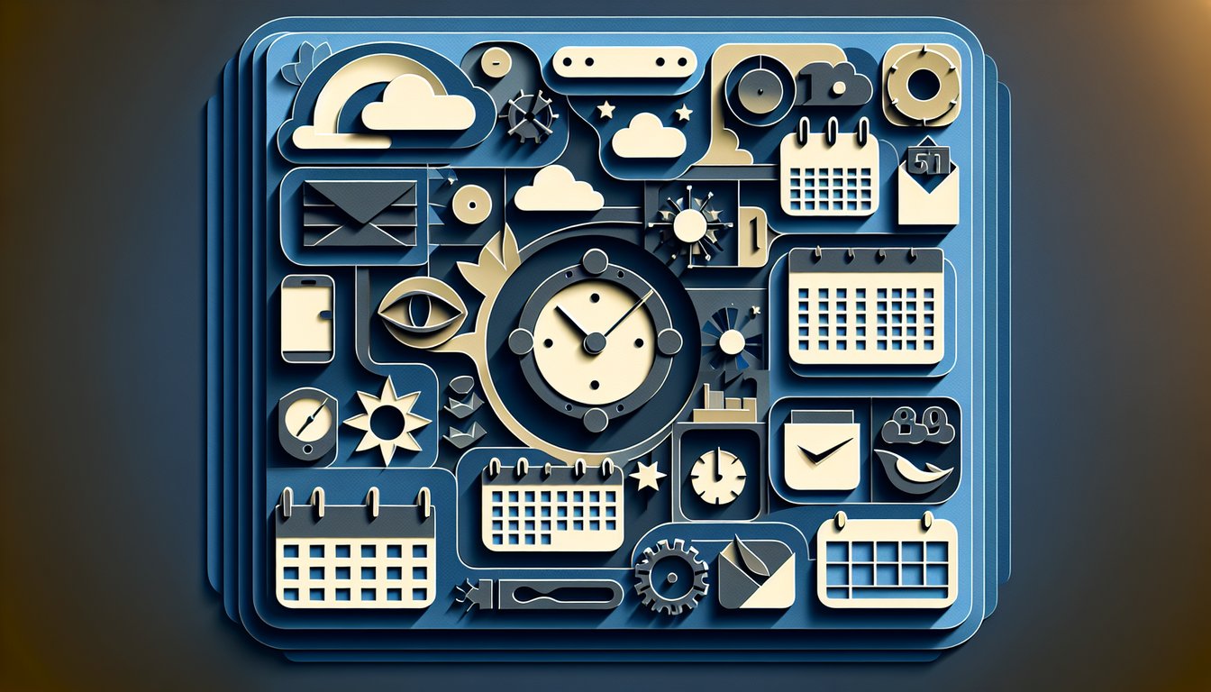 Paper art illustration of calendar pages for days of week quiz on dark blue background with playful cutout letters