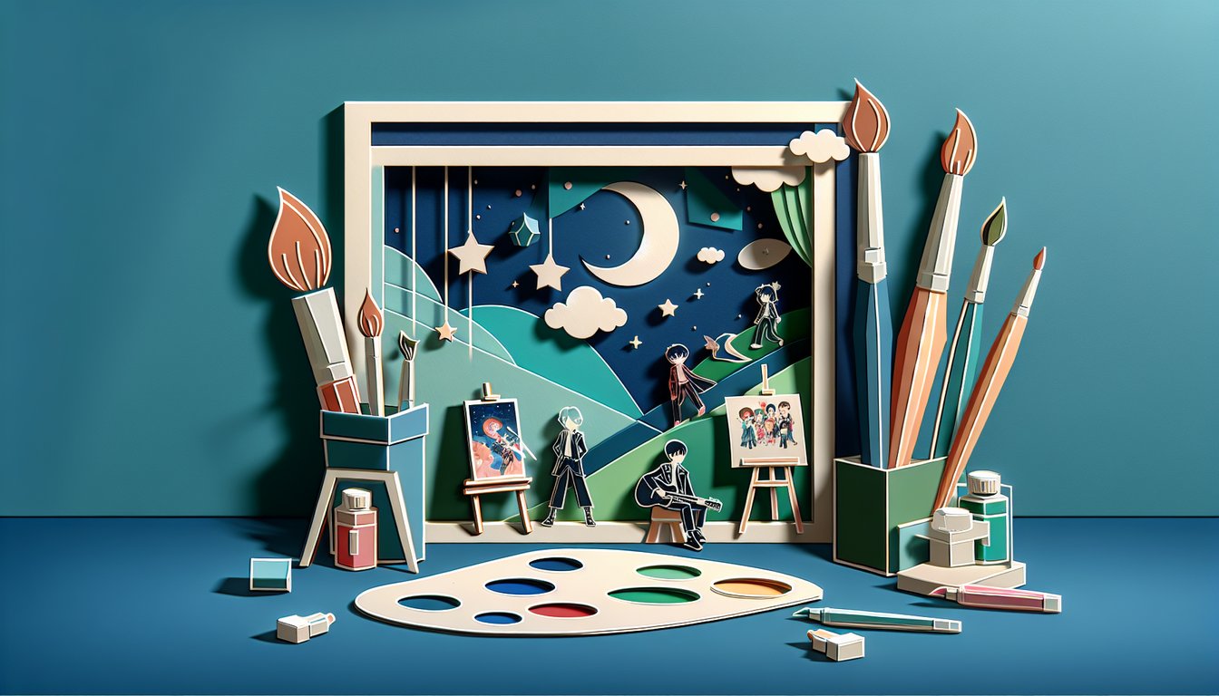 Paper art illustration featuring mask, ink brush, palette on teal background for Painter Of The Night quiz