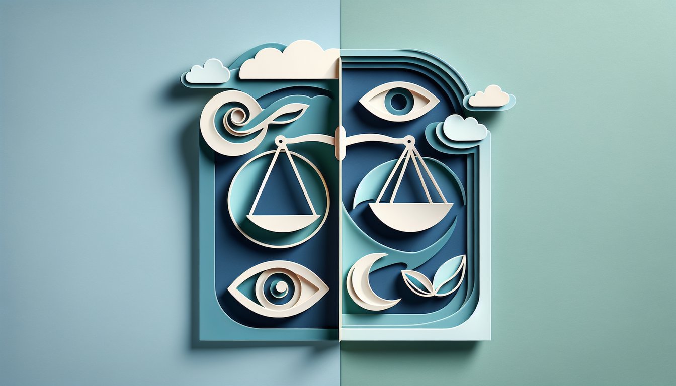 Paper art layers abstract heads linked by arrows on teal background illustrating judging vs perceiving decision style quiz