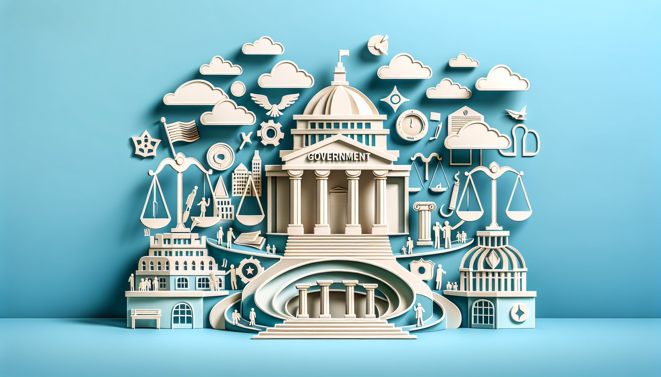 Paper art quiz illustration reserved powers definition test on sky blue background with book and capitol cutouts