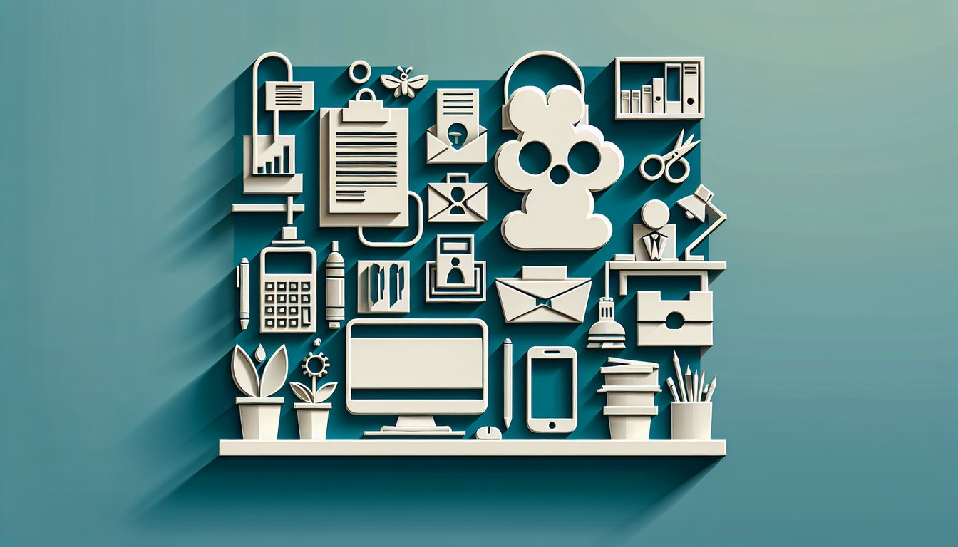 paper art of office scene with tense worker under dark cloud, magnifying glass and quiz sheet on teal background.