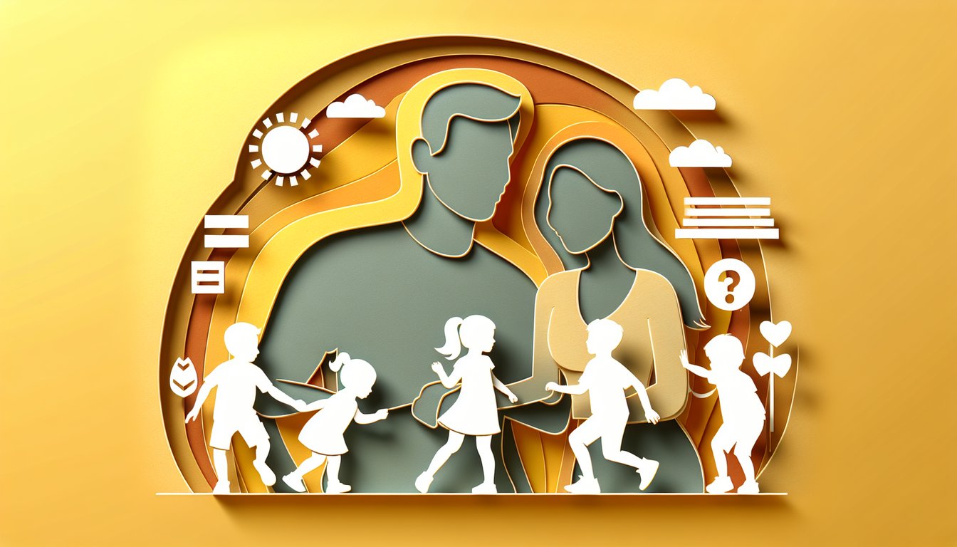 Paper art illustration for quiz on Christina McLarty kids and family with icons on golden yellow background