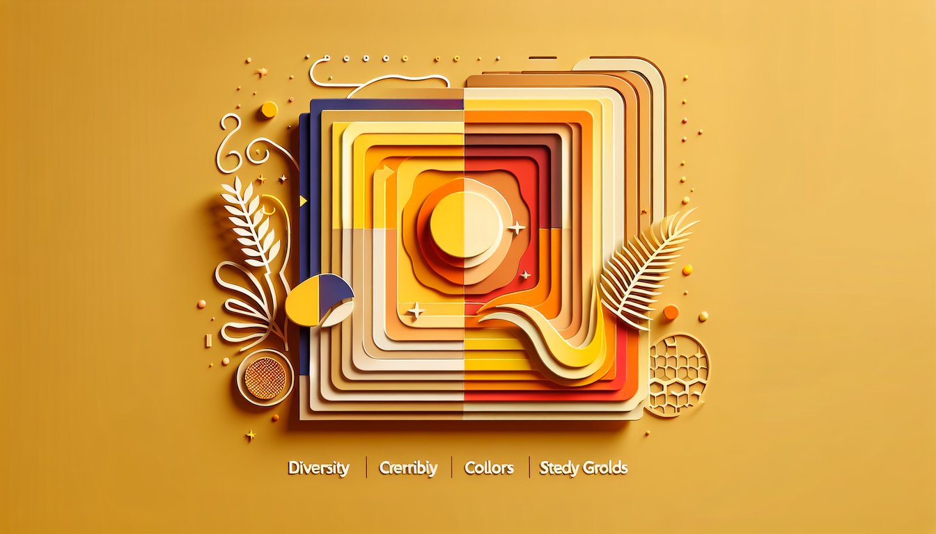 paper art with layered orange petals and gold geometric shapes on golden yellow background for color quiz