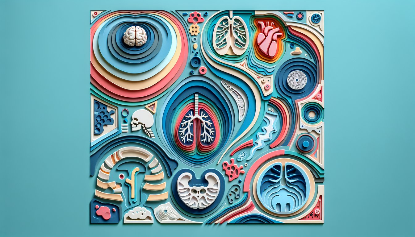 Paper art style CT scan anatomy quiz illustration on sky blue background showing organs, bones, question mark icons