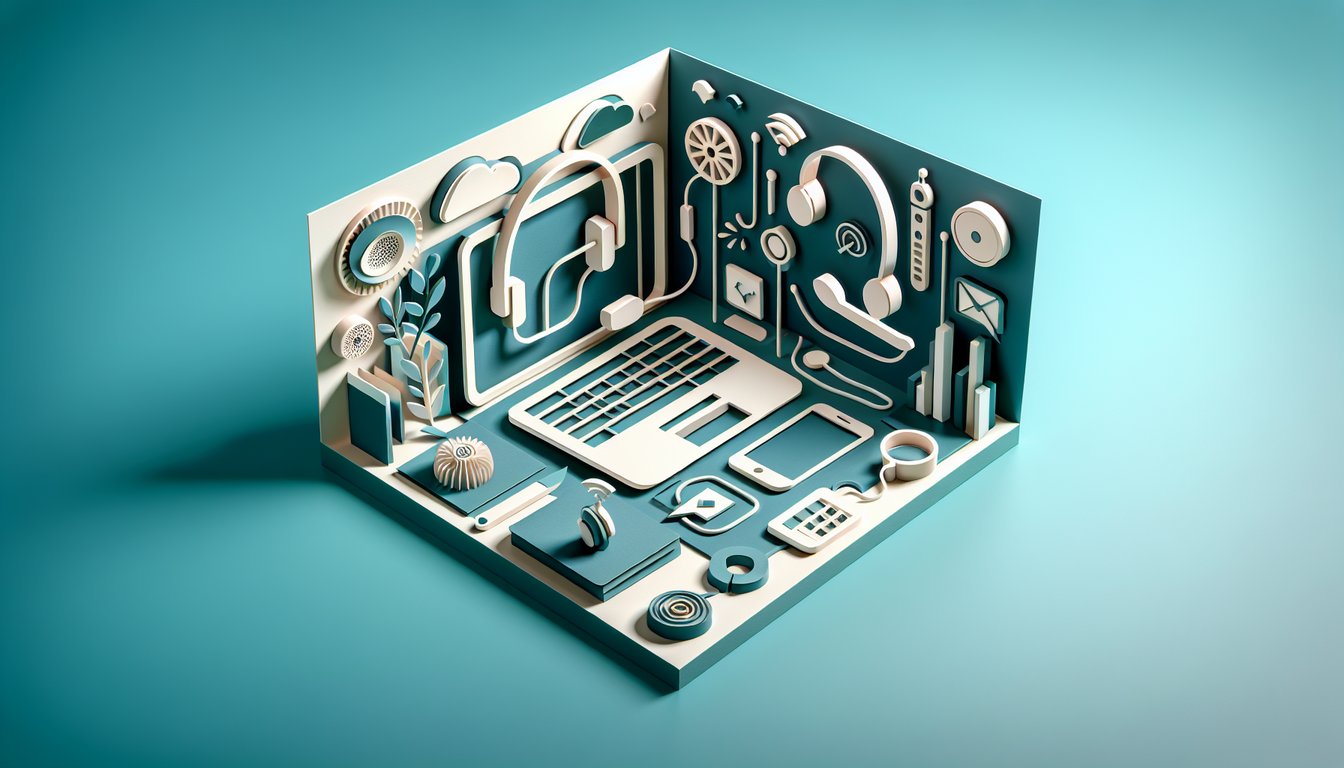 Teal background with paper art laptop headset network icons, quiz prompt for teleconference setup troubleshooting skills.