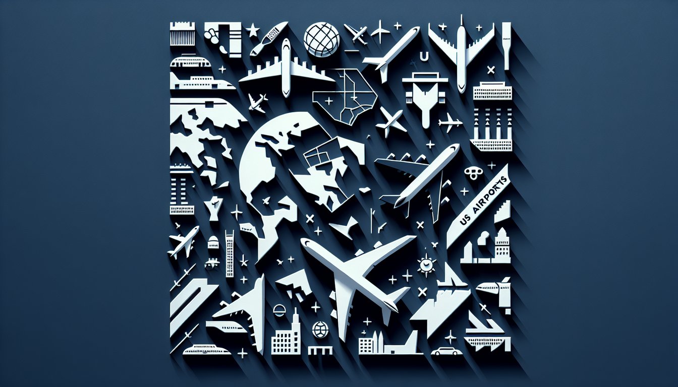 Paper art US map with airport icons and flight paths on dark blue background for US airport quiz