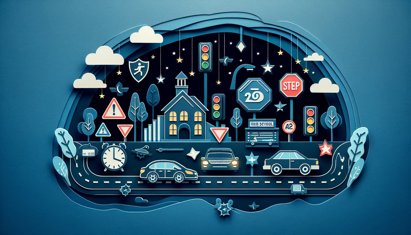 Paper art depicting a trivia quiz on driving rules and road safety for high school students.