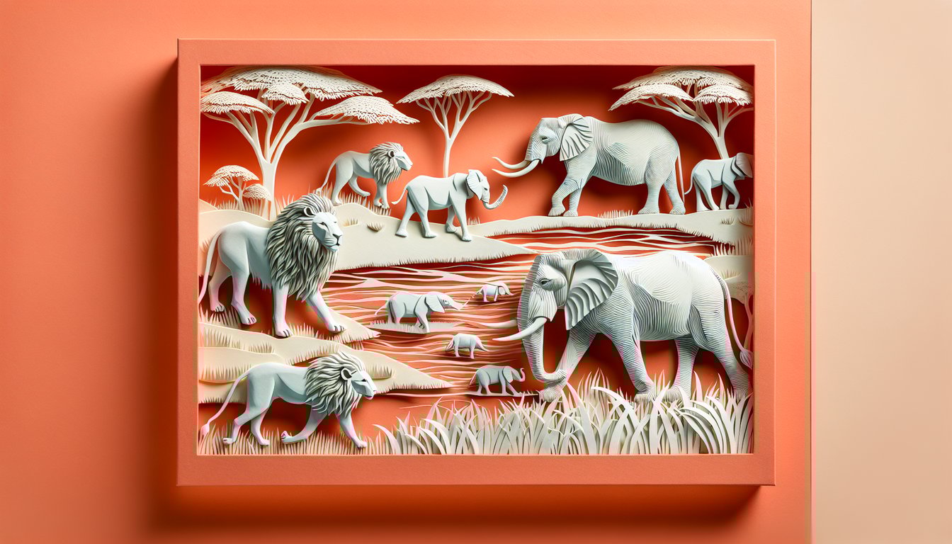 Colorful paper art cutouts of African safari animals lion elephant giraffe zebra on coral background with quiz text