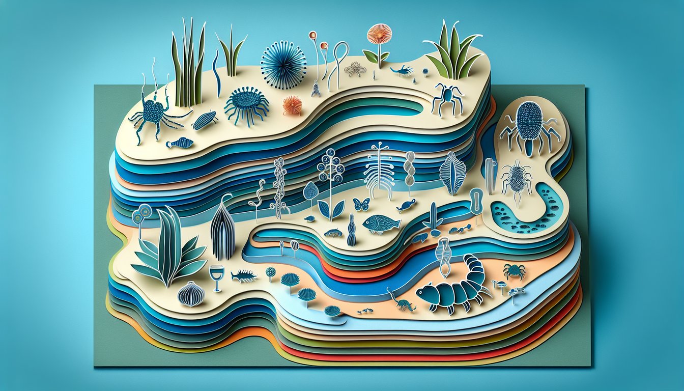 paper art collage featuring stylized plants animals cells taxonomy symbols on sky blue background for classification quiz