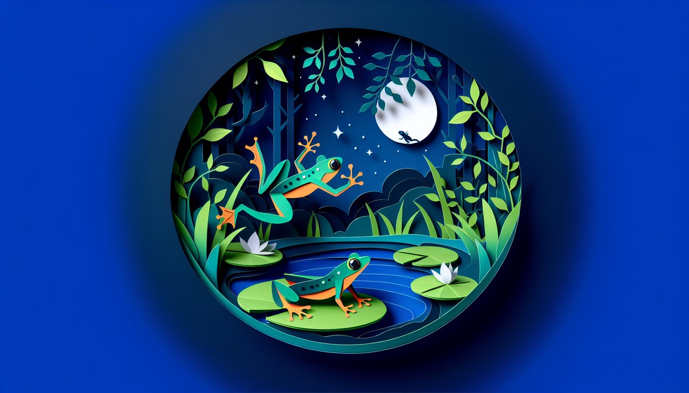 Colorful paper art promoting Amphibian Adventure, a dynamic biology trivia quiz for middle school students.