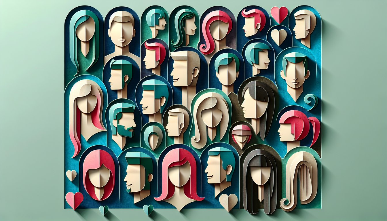 Paper art illustration for haircut style quiz on a teal background