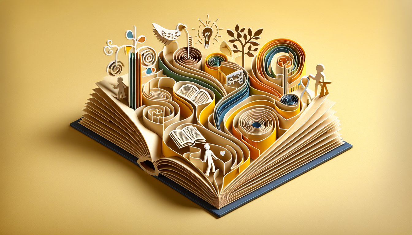 Paper art illustration for literary elements quiz on golden yellow background