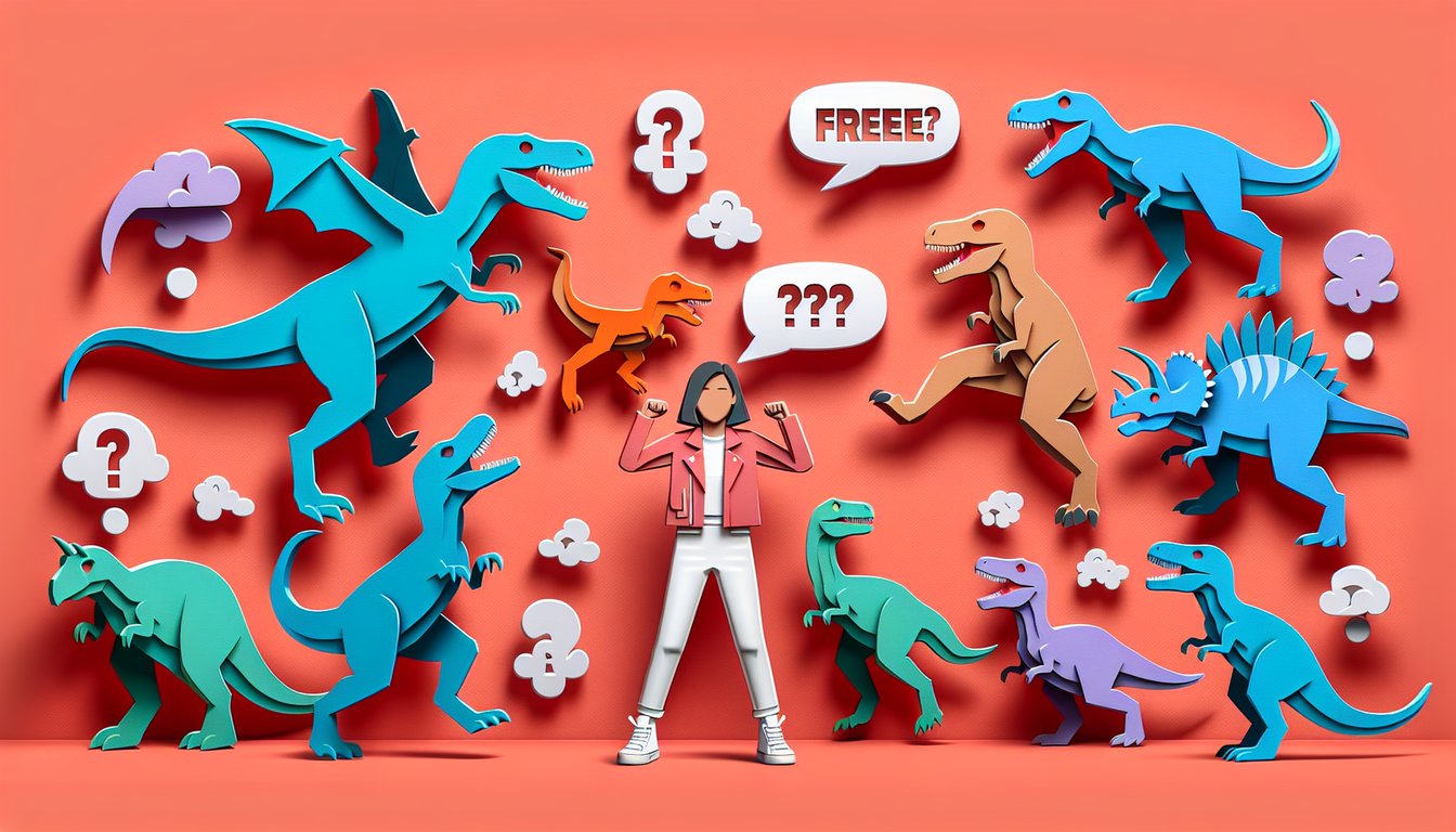 Paper art coral background with layered dinosaurs including a roaring T-Rex for a dinosaur phobia quiz