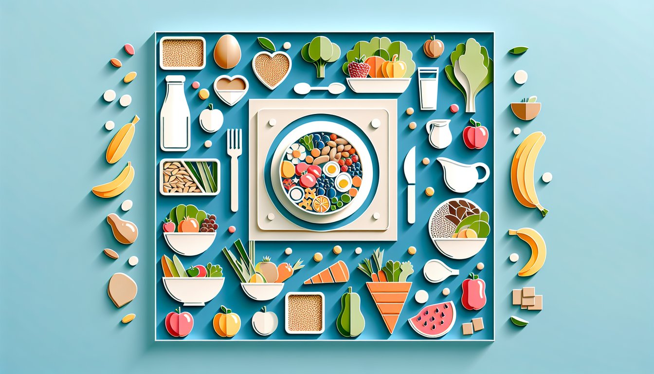 Paper art collage of fruits vegetables grains proteins dairy with meal planning motifs quiz banner on sky blue background