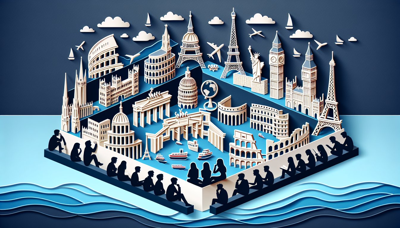 Paper art promoting the Euro Capitals Challenge trivia quiz for high school geography exam preparation.