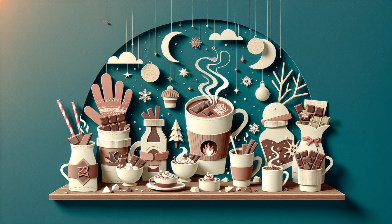 Paper art hot chocolate quiz illustration on teal background with steaming mugs cocoa beans marshmallows
