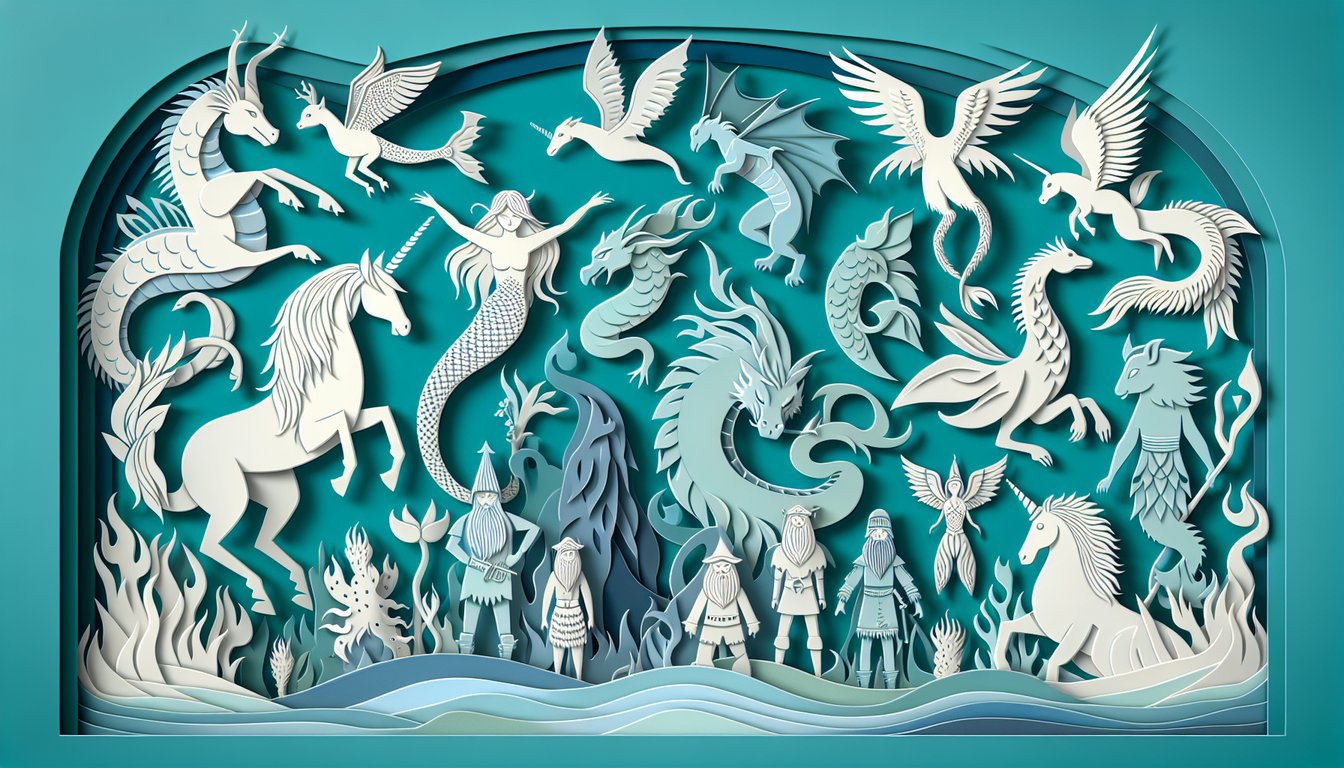 Paper art illustration featuring dragon, phoenix, fox and unicorn on a teal background for a folklore creature quiz.