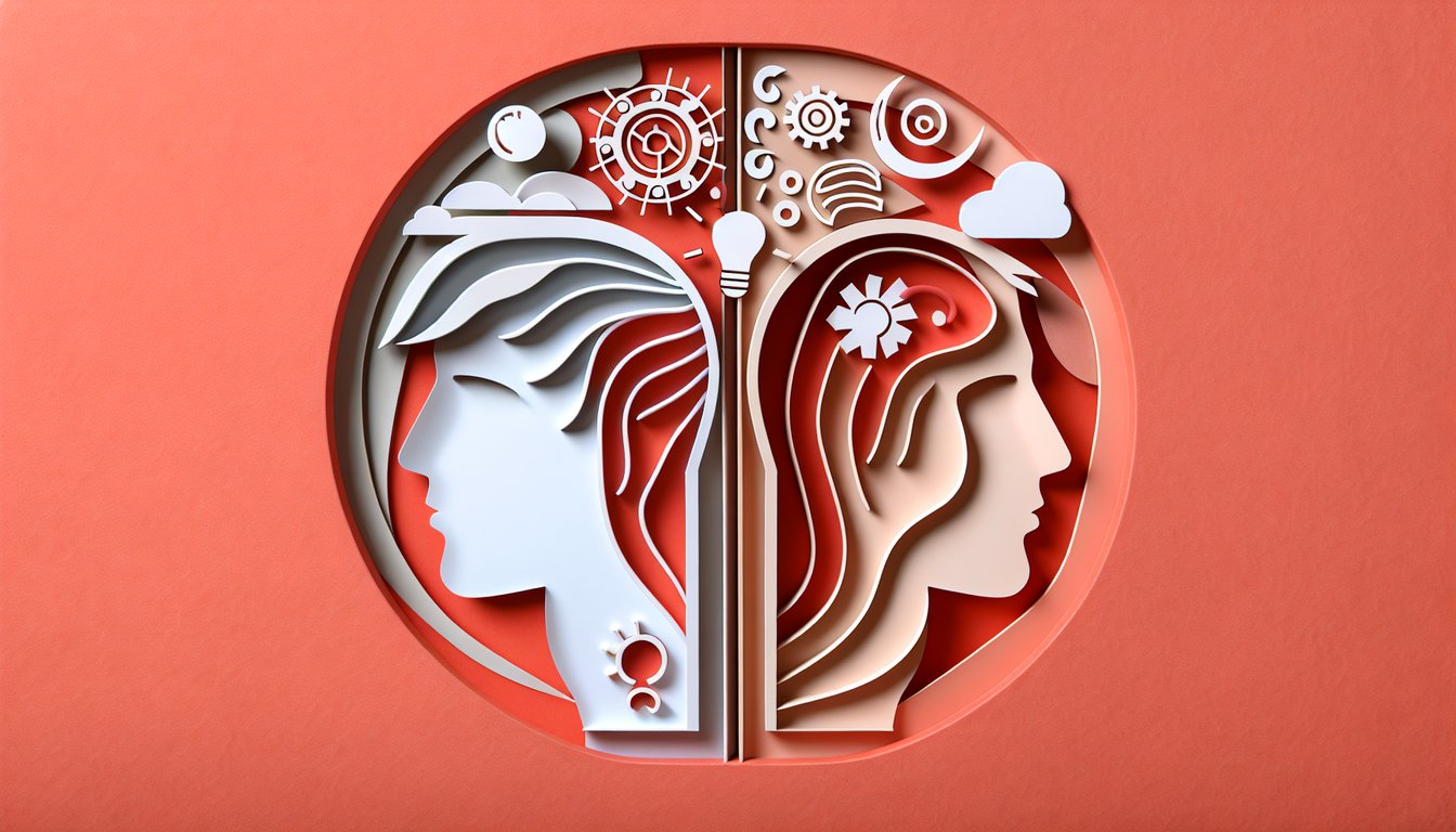 Paper cut art showing imaginative girl in pink dress and thoughtful boy in sweater on coral background for character quiz