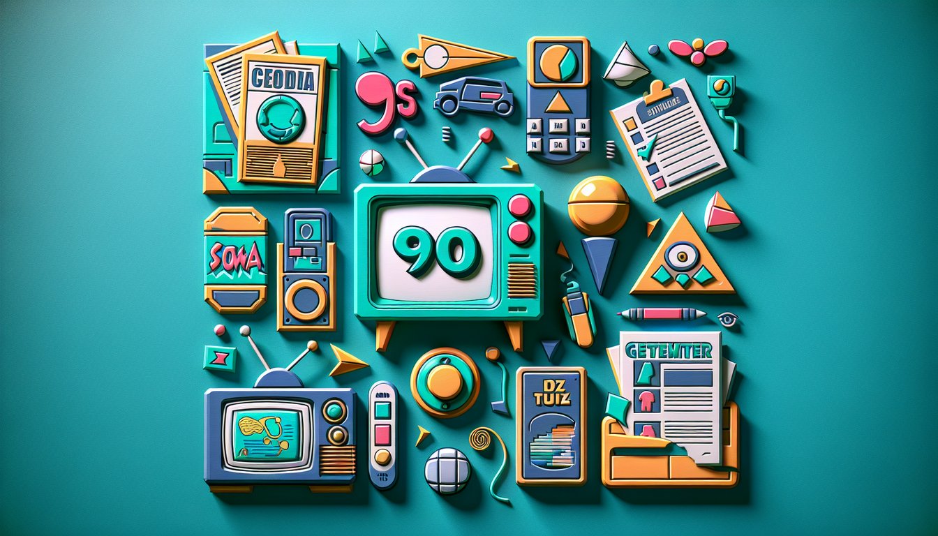 Paper art illustration for 90s cartoon trivia quiz on a teal background