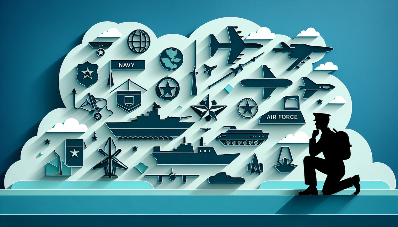 Paper art illustration for military branch quiz on teal background