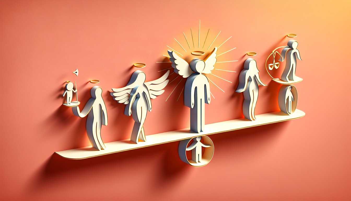 Paper art illustration for a personality quiz on character perfection on a coral background