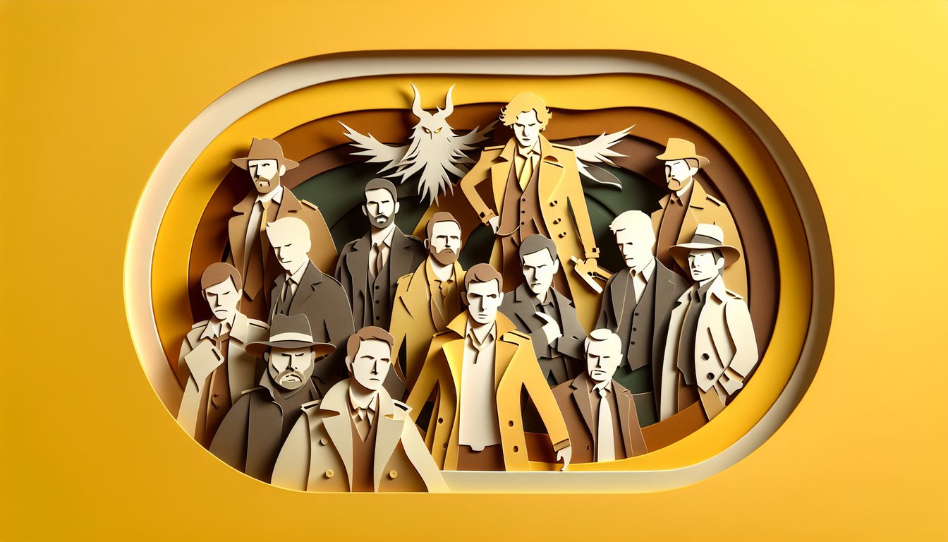 Paper art illustration presents free Conjuring character quiz on golden yellow background with Ed Warren Lorraine.