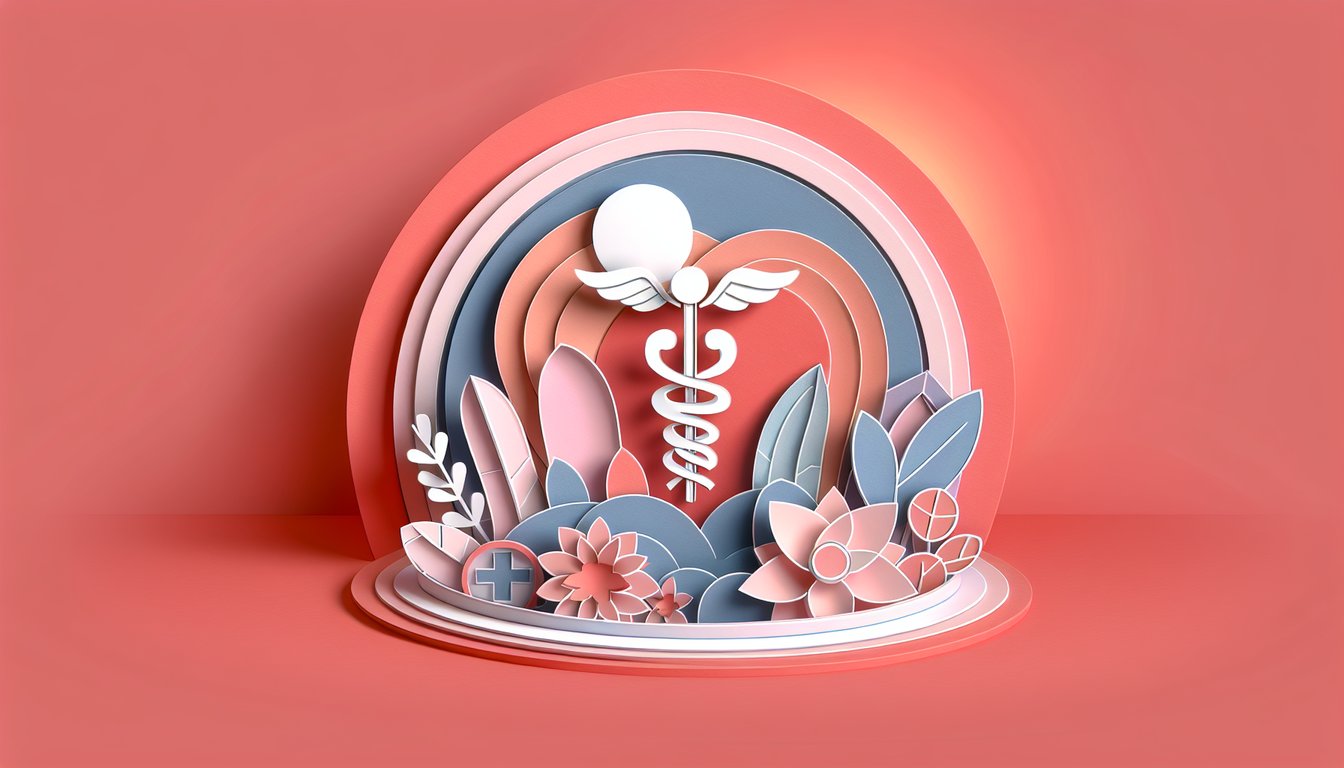 Paper art illustration showcasing a quiz theme with speech bubbles and healthcare symbols on a coral background
