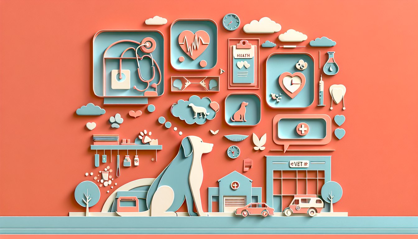 Paper art illustration for a quiz about dog health signs on a coral background